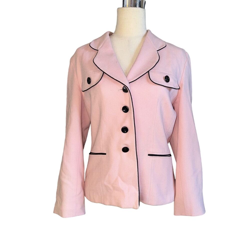 Kasper for ASL Vtg Women's Pink Wool Fashion Blazer Black Trim Buttons Barbie 8
